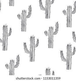 Vector seamless pattern with cactus isolated on white background. Hand drawn texture with desert plants. Stylized prairie landscape. Floral sketch.