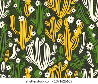 Vector seamless pattern with cactus on black background. Summer plants, flowers and leaves. Natural floral bright design. Botanical illustration.