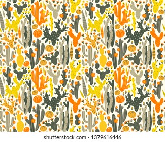 Vector seamless pattern with cactus on white background. Summer plants, flowers and leaves. Natural floral bright design. Botanical illustration.