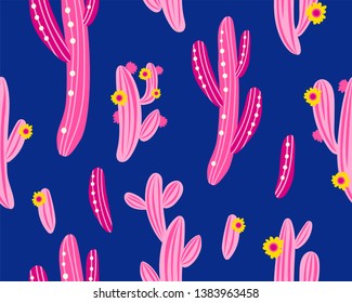 Vector seamless pattern with cactus on blue geometric background. Summer plants, flowers and leaves. Natural floral bright design. Botanical illustration.