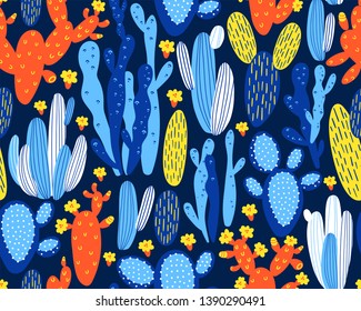 Vector seamless pattern with cactus on dark blue background. Summer plants, flowers and leaves. Natural floral bright design. Botanical illustration.