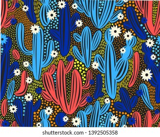 Vector seamless pattern with cactus on black background. Summer plants, flowers and leaves. Natural floral bright design. Botanical illustration.