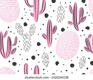 Vector seamless pattern with cactus on white background. Summer plants, flowers and leaves. Natural floral bright design. Botanical illustration.