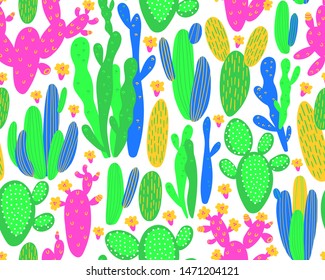 Vector seamless pattern with cactus on white background. Summer plants, flowers and leaves. Natural floral bright design. Botanical illustration.
