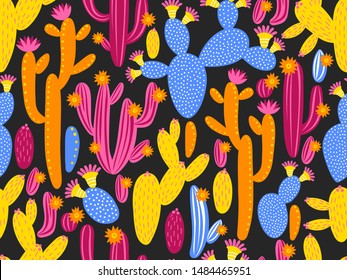 Vector seamless pattern with cactus on black background. Summer plants, flowers and leaves. Natural floral bright design. Botanical illustration.