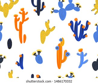 Vector seamless pattern with cactus on white background. Summer plants, flowers and leaves. Natural floral bright design. Botanical illustration.