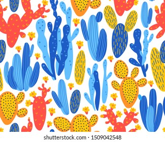 Vector seamless pattern with cactus on white background. Summer plants, flowers and leaves. Natural floral bright design. Botanical illustration.