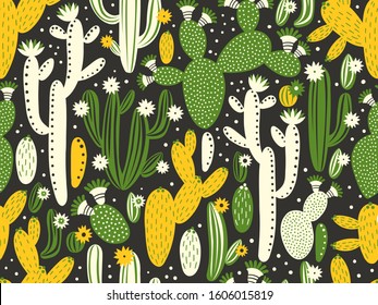 Vector seamless pattern with cactus on black background. Summer plants, flowers and leaves. Natural floral bright design. Botanical illustration.