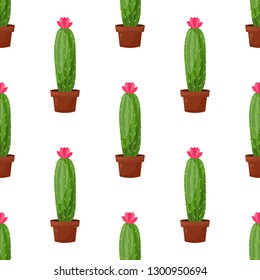 Vector seamless pattern with cactus plant pot, flower. Trendy tropical design for textile, print, clothes