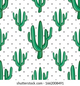Vector seamless pattern with cactus and polka dot elements. Modern design for fashion, print, poster, card, textile. Scandinavian style.