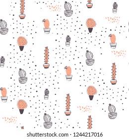 Vector seamless pattern with cactus in pots and dots elements  isolated on white background. Hand drawn sketch style. Good for packaging, tag, card, wedding and nursery decor etc.