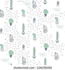 Vector seamless pattern with cactus in pots and dots elements  isolated on white background. Hand drawn sketch style. Good for packaging, tag, card, wedding & nursery decor etc.
