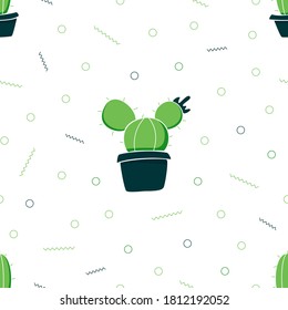 Vector seamless pattern. Cactus in pots. Green plants on a white background