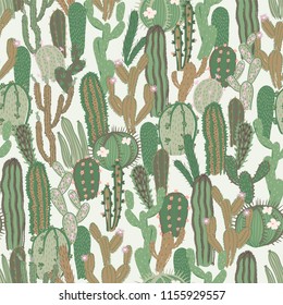 Vector seamless pattern with cactus. Repeated texture with green cacti. Natural hand drawing background with desert plants.