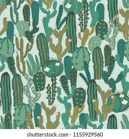 Vector seamless pattern with cactus. Repeated texture with green cacti. Natural hand drawing background with desert plants.