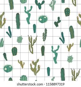 Vector seamless pattern with cactus. Repeated texture with green cacti. Natural hand drawing background with desert plants.