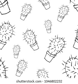 vector seamless pattern of cactus sketch drawn by black marker on white background