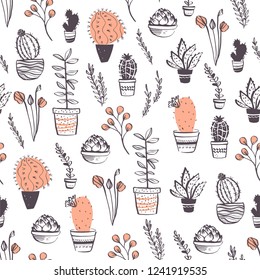 Vector seamless pattern with cactus, succulent, aloe, branches, floral elements arrangements isolated on white background. Hand drawn sketch style. Good for packaging, tag, card, wedding decor etc.