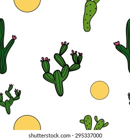 Vector seamless pattern of cactus succulent and sun. Great idea for sites, scrapbook, cards, textile, banners, brochures and books.