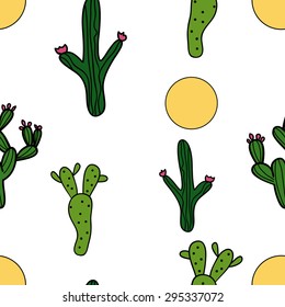 Vector seamless pattern of cactus succulent and sun. Great idea for sites, scrapbook, cards, textile, banners, brochures and books.