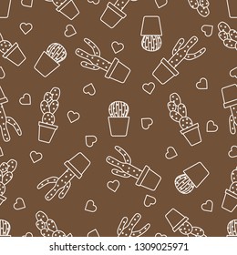 Vector seamless pattern with cactus, succulents, hearts. Trendy background. Tropical plants.