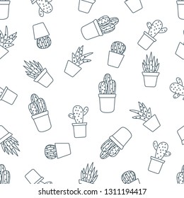 Vector seamless pattern with cactus and succulents. Trendy background. Tropical plants.