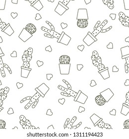 Vector seamless pattern with cactus, succulents, hearts. Trendy background. Tropical plants.