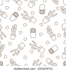 Vector seamless pattern with cactus, succulents, hearts. Trendy background. Tropical plants.