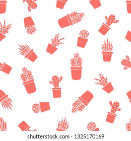 Vector seamless pattern with cactus and succulents. Trendy background. Tropical plants.