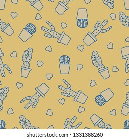 Vector seamless pattern with cactus, succulents, hearts. Trendy background. Tropical plants.