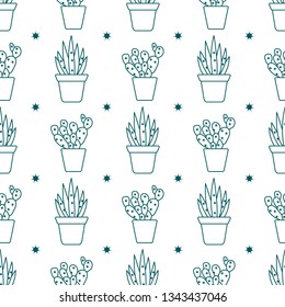 Vector seamless pattern with cactus and succulents. Trendy background. Tropical plants.