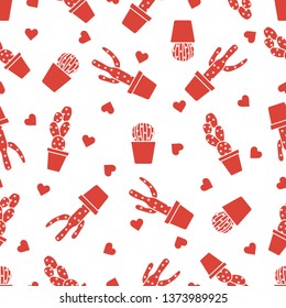 Vector seamless pattern with cactus, succulents, hearts. Trendy background. Tropical plants.