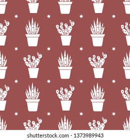 Vector seamless pattern with cactus and succulents. Trendy background. Tropical plants.