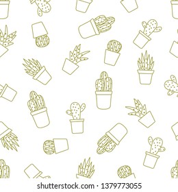 Vector seamless pattern with cactus and succulents. Trendy background. Tropical plants.