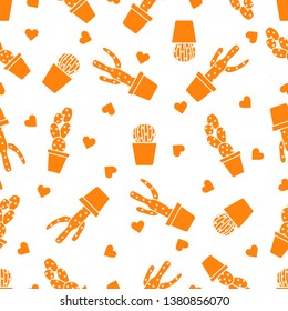 Vector seamless pattern with cactus, succulents, hearts. Trendy background. Tropical plants.