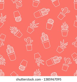 Vector seamless pattern with cactus and succulents. Trendy background. Tropical plants.