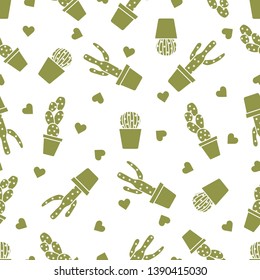 Vector seamless pattern with cactus, succulents, hearts. Trendy background. Tropical plants.