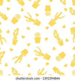 Vector seamless pattern with cactus, succulents, hearts. Trendy background. Tropical plants.