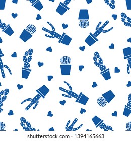 Vector seamless pattern with cactus, succulents, hearts. Trendy background. Tropical plants.