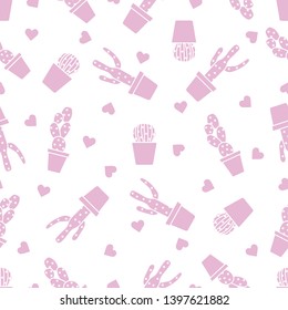 Vector seamless pattern with cactus, succulents, hearts. Trendy background. Tropical plants.