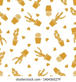 Vector seamless pattern with cactus, succulents, hearts. Trendy background. Tropical plants.