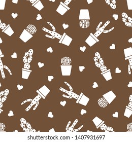 Vector seamless pattern with cactus, succulents, hearts. Trendy background. Tropical plants.