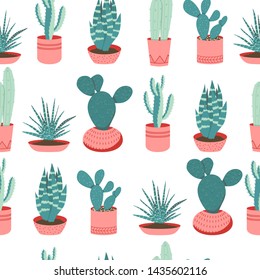 Vector seamless pattern with cactus and succulents. Repeated texture with trendy colors