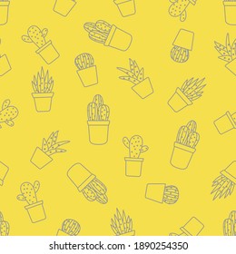 Vector seamless pattern with cactus and succulents. Trendy background. Tropical plants. Illuminating and Ultimate Gray.