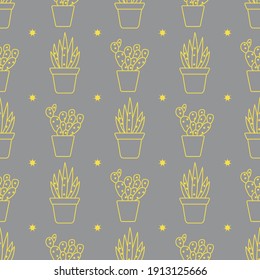 Vector seamless pattern with cactus and succulents. Trendy background. Tropical plants. Illuminating and Ultimate Gray.