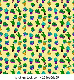 Vector seamless pattern with cactus and succulents.Color cactus plants in a pot. Collection of Exotic or tropical succulents with prickles.