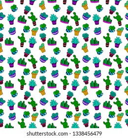 Vector seamless pattern with cactus and succulents.Color cactus plants in a pot. Collection of Exotic or tropical succulents with prickles.