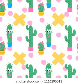 Vector seamless pattern with cactus. Summer bright background. Cartoon style. Ideal for fabric, wallpaper, wrapping paper, textile, bedding, t-shirt print.