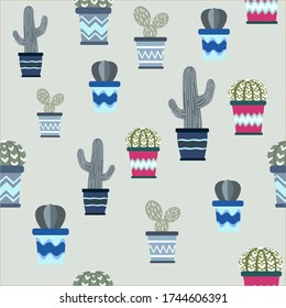 Vector seamless pattern with Cactus trees. Background with desert plants. Green cacti.