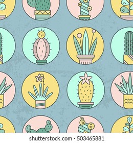 Vector seamless pattern with cactuses in cute pots.